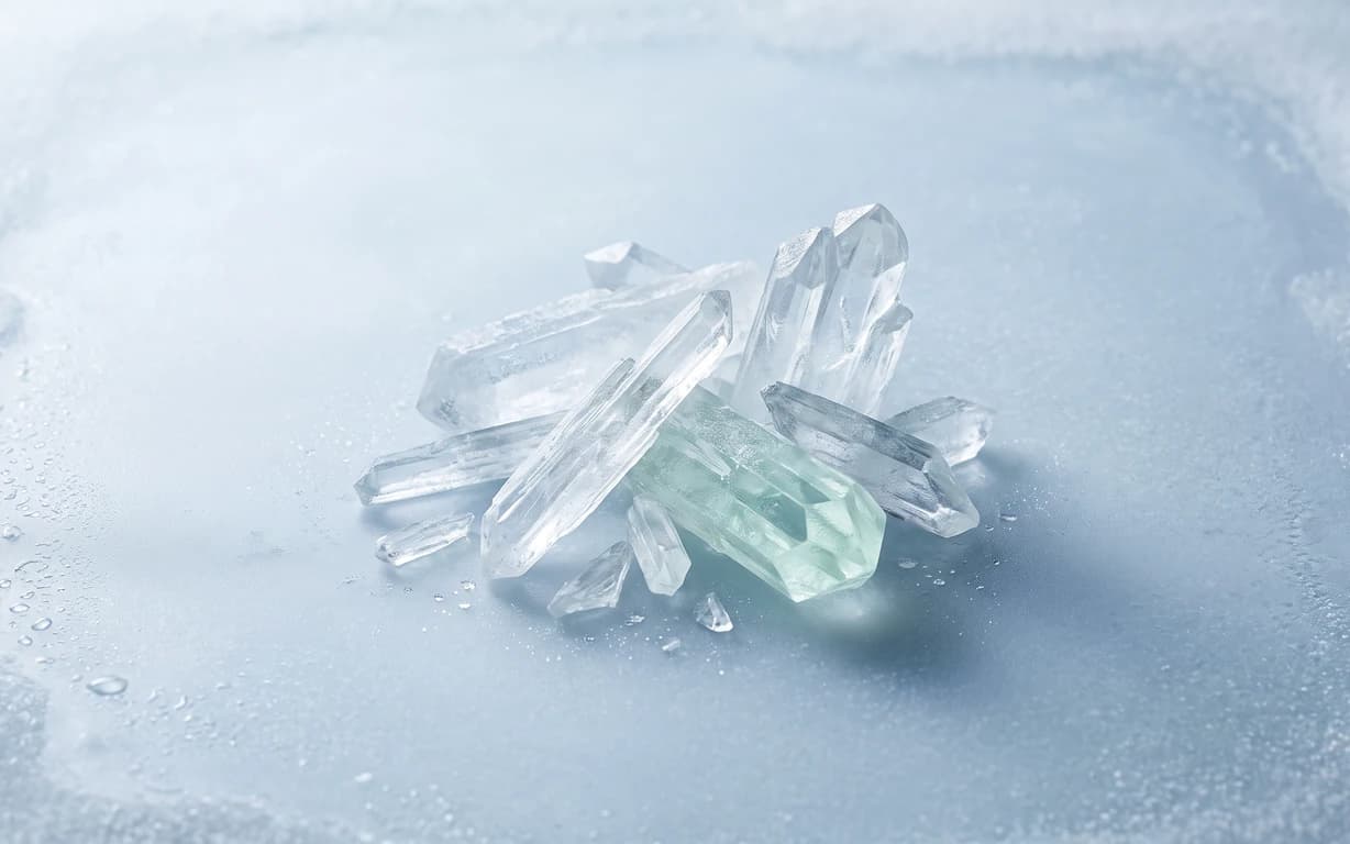 Cluster of translucent clear and pale mint crystal-like forms resting on a softly frosted blue surface with scattered droplets.