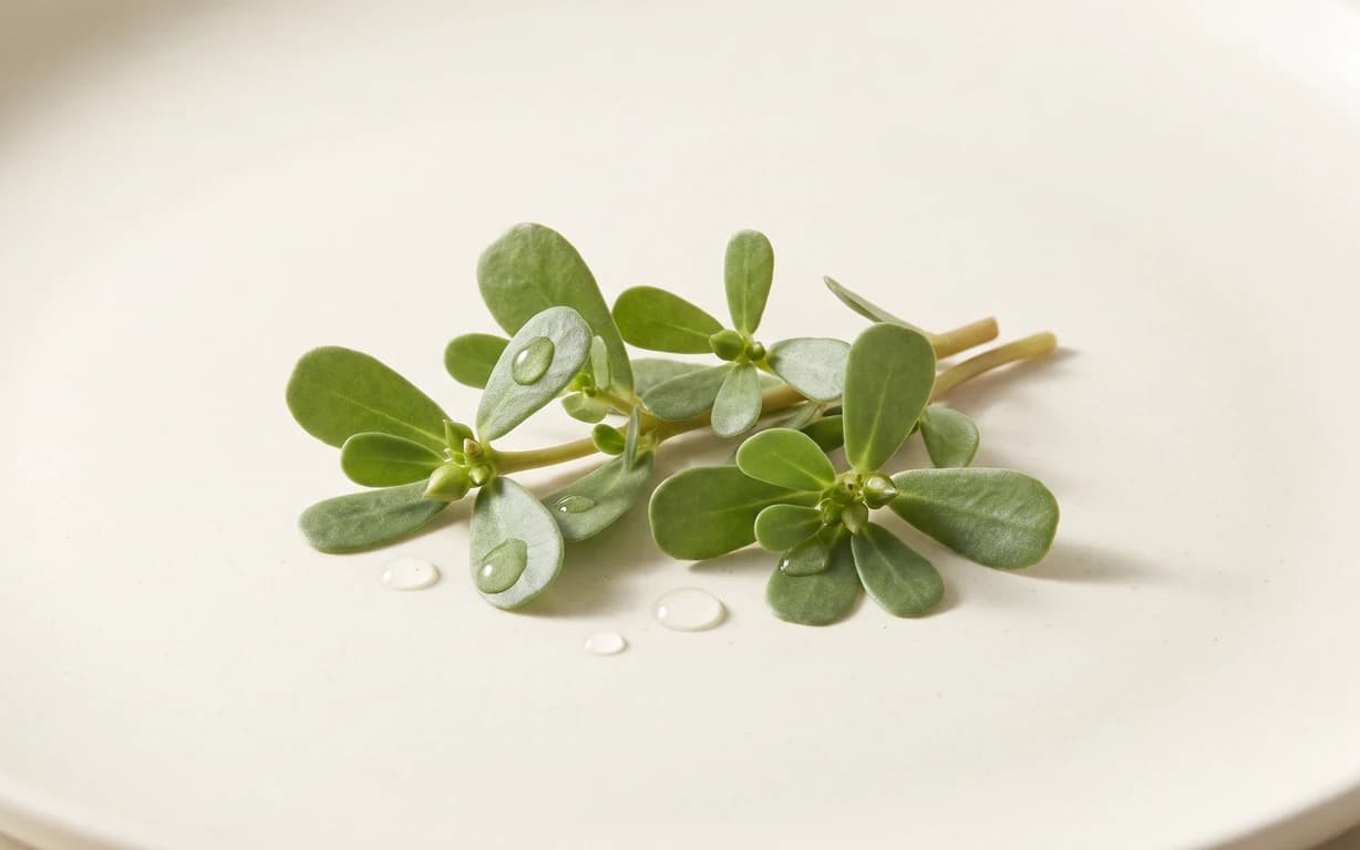 Fresh purslane sprigs with fleshy green leaves and clear water droplets arranged on a softly lit ivory surface.