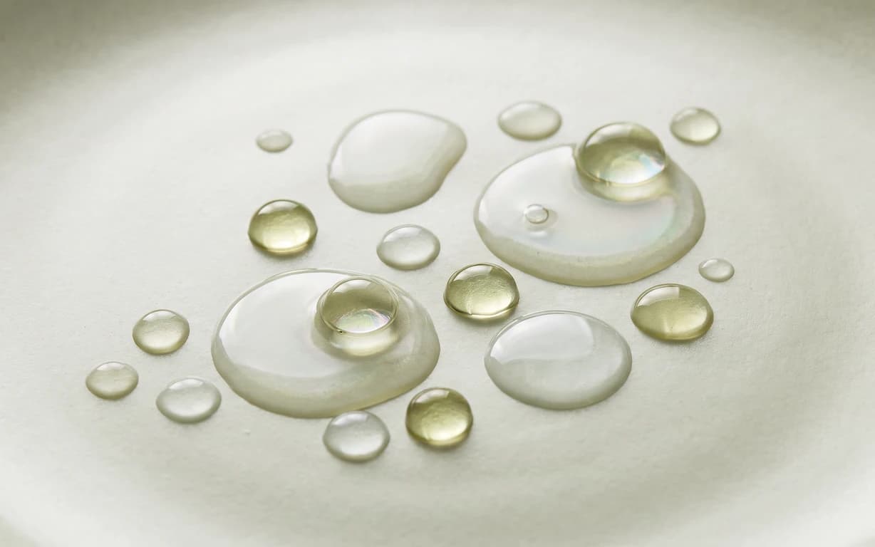 Clear and pale golden droplets arranged on a softly textured ivory surface under diffused light.