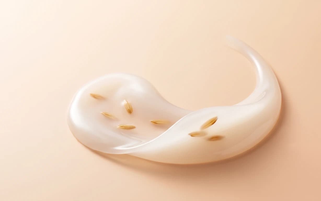 A glossy, translucent milky-white fluid form with small golden grain-like inclusions rests on a warm peach seamless surface, casting a soft shadow.