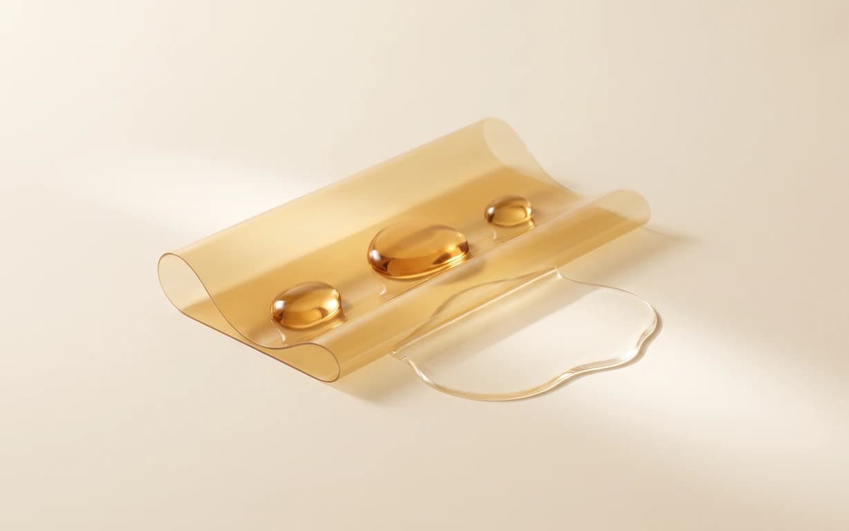 Translucent amber film with three glossy golden droplets and a clear liquid pool on a softly lit ivory surface.