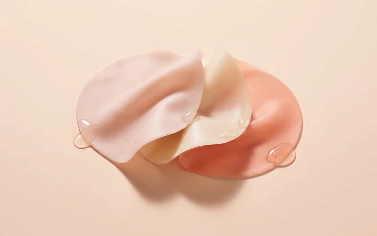 Three overlapping, softly folded translucent forms in blush pink, ivory, and coral, accented by clear droplets on a warm peach seamless surface with gentle studio shadows.