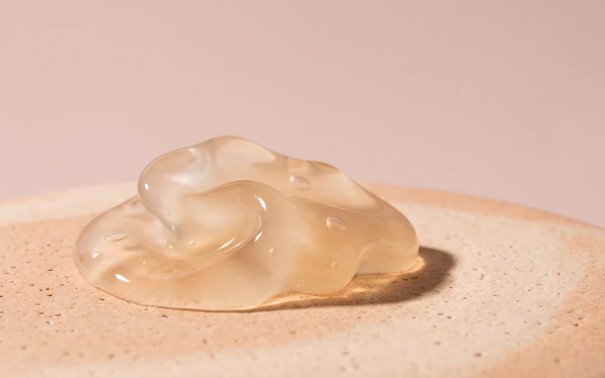 A translucent amber gel-like abstract form with small bubbles rests on a warm, speckled surface against a soft blush backdrop.