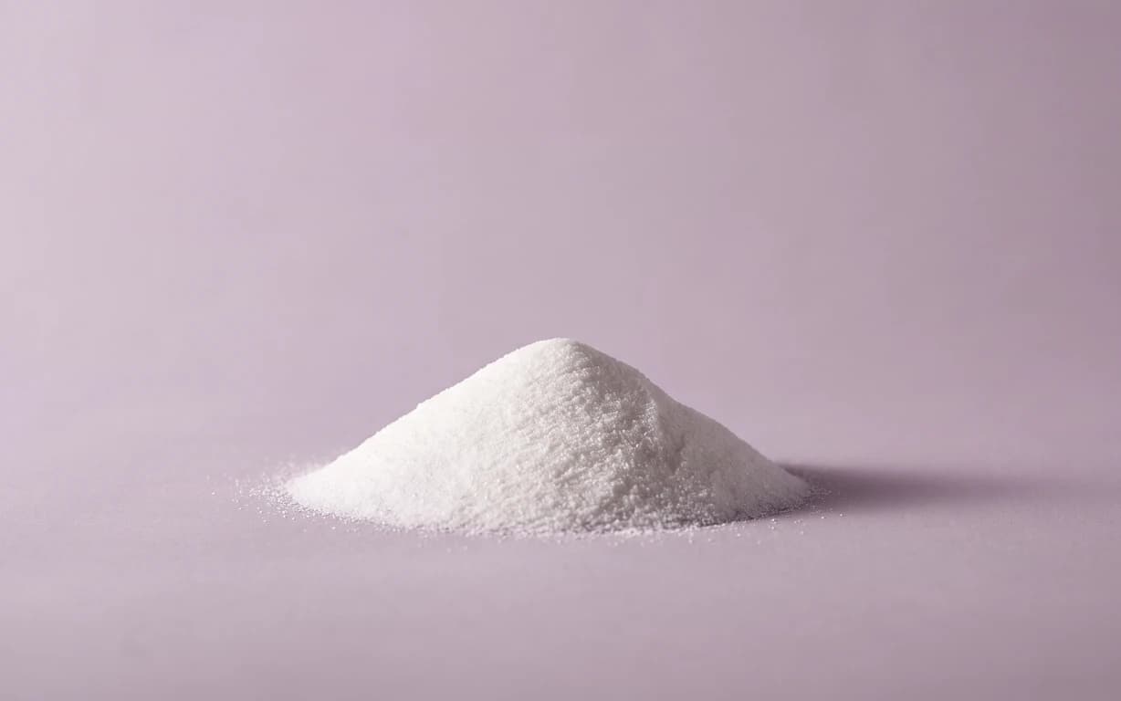 A small mound of fine white powder on a soft blush-lilac surface, photographed with diffused light and a gentle shadow.