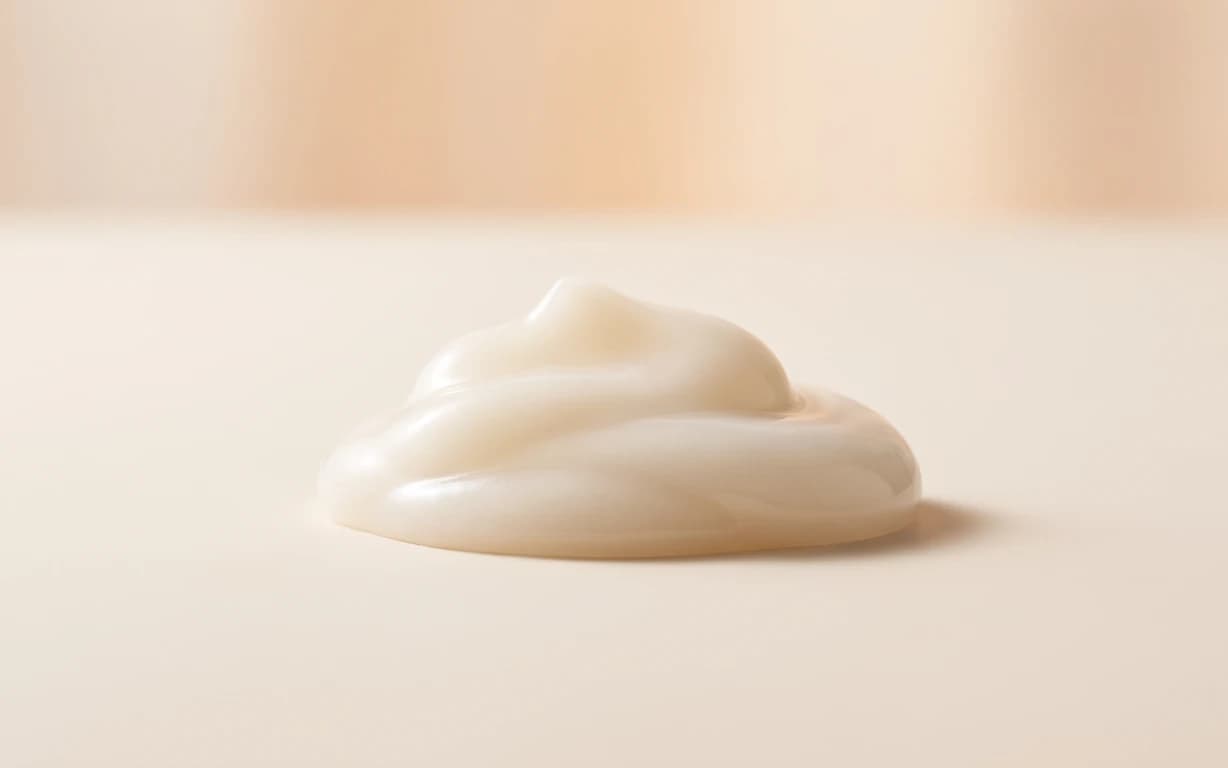 A glossy ivory abstract material forms a soft folded mound on a warm cream surface, lit by diffused peach-toned studio light.