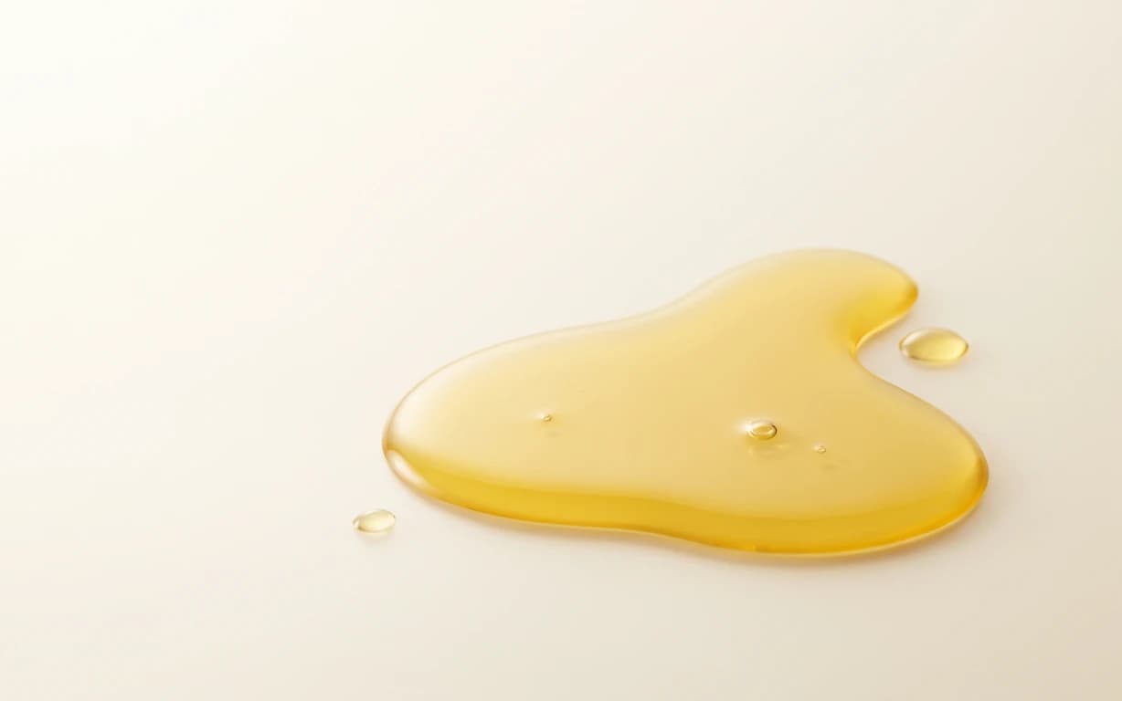 A glossy golden pool of oil with several small droplets resting on a warm ivory seamless surface.