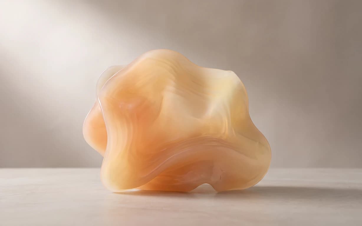 Abstract translucent peach and amber sculptural form with soft folds, resting on a pale studio surface against a warm neutral backdrop.