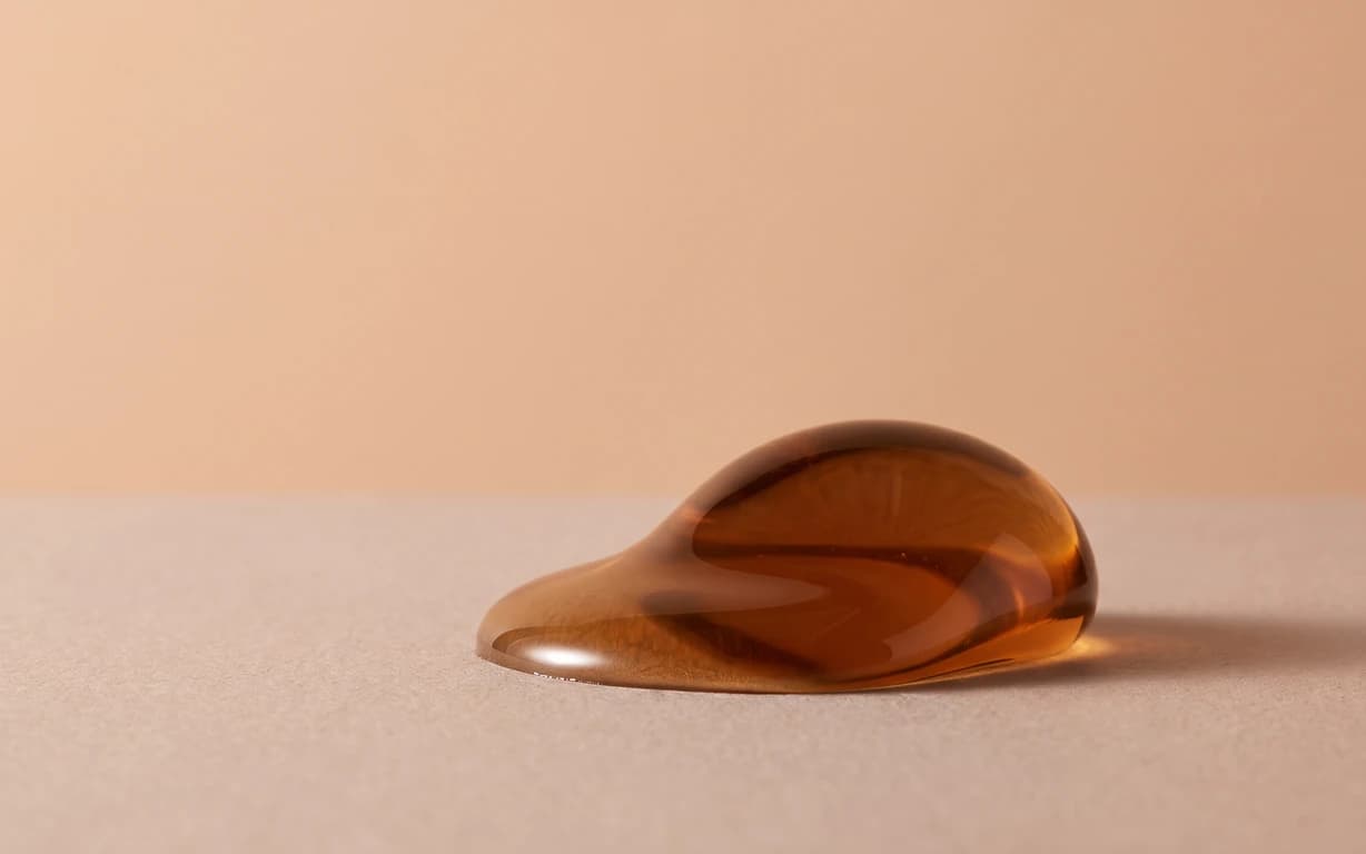 A glossy, translucent amber abstract form rests on a warm blush surface against a peach backdrop, casting a soft shadow.