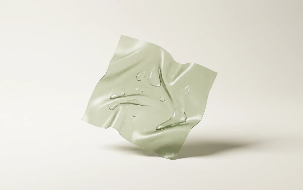 Pale sage translucent folded sculpture with clear droplets, softly lit above an ivory surface with a gentle grounding shadow.