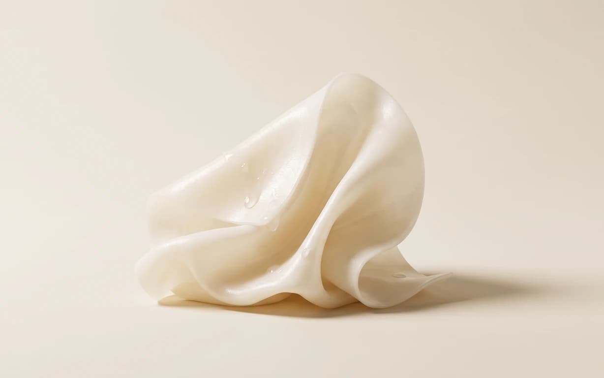 An ivory, softly folded abstract sculpture with glossy droplets, lit against a warm cream seamless backdrop with a gentle grounding shadow.