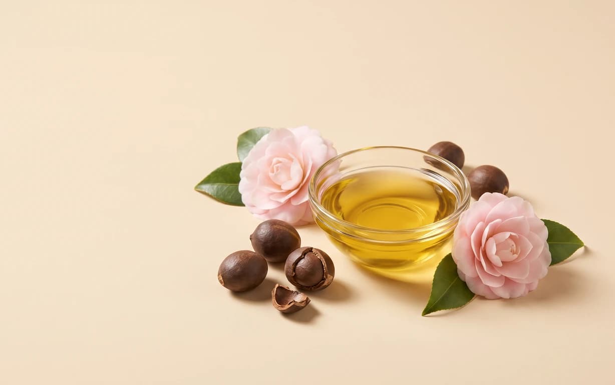 Golden camellia oil in a clear glass bowl, surrounded by pink camellia flowers, glossy green leaves, and brown seeds on a warm ivory backdrop.