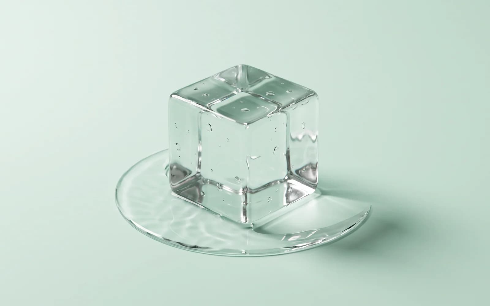 A clear glass cube with water beads and a shallow water crescent on pale mint.