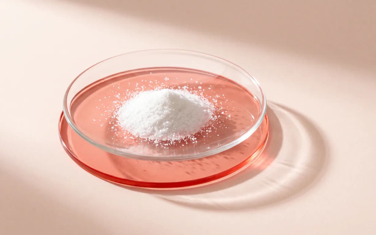 Fine white caffeine crystals in a clear watch glass over a translucent coral-red disc on a pale blush surface.