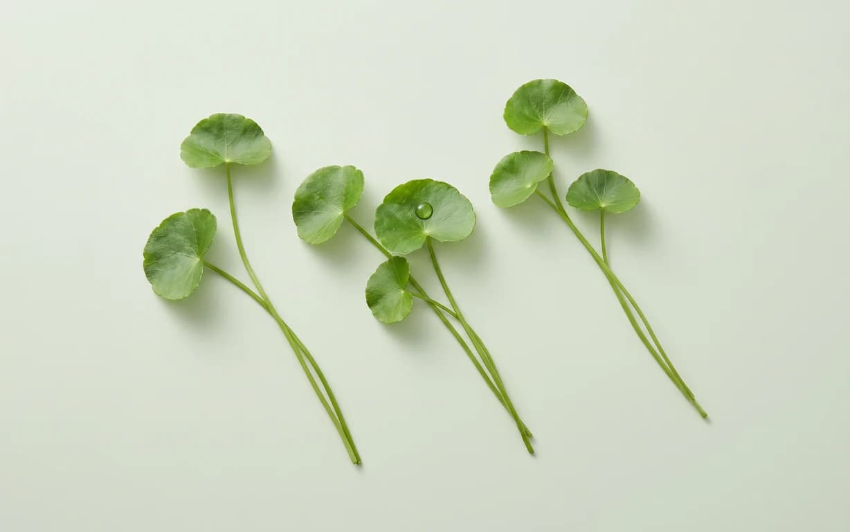 Fresh centella asiatica leaves arranged on a pale sage background.