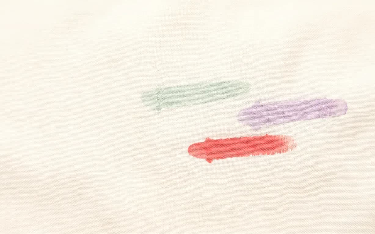 Three short celadon, lavender and coral pigment marks sit in the weave of a warm ivory textile surface.