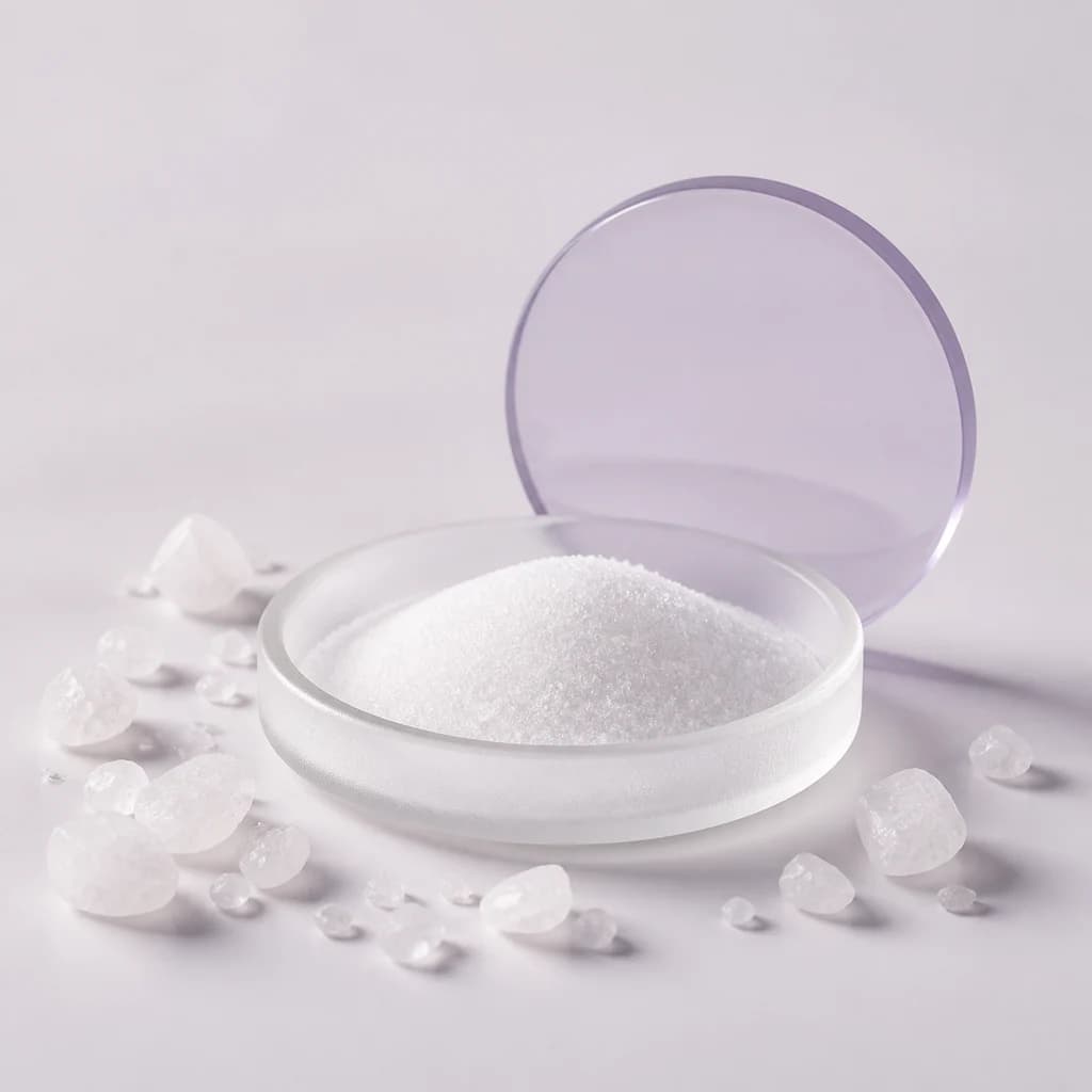Milky-white gluconolactone crystals and fine powder in a frosted-glass dish with a pale-lilac ring.