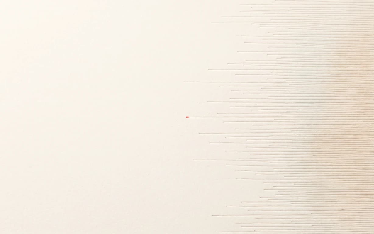 Fine dry pressed striations with soft amber, celadon, lavender and coral tones fade into a warm ivory matte surface.