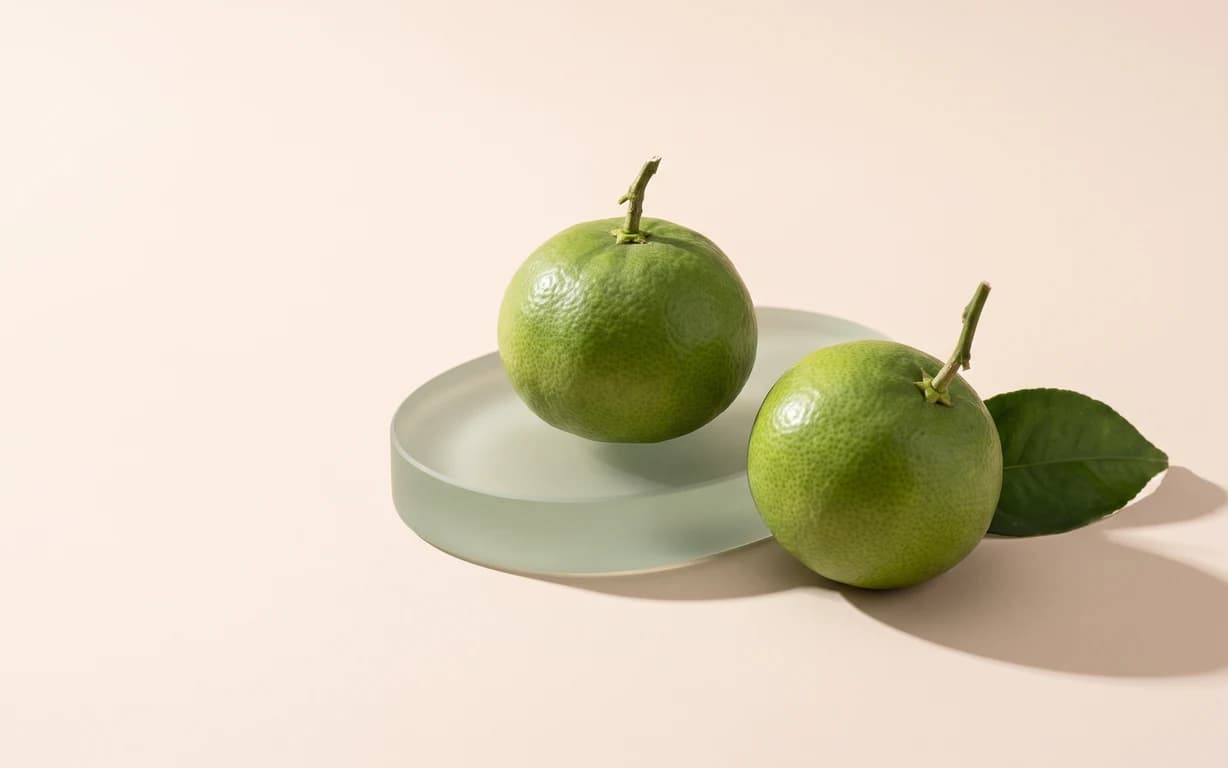 Two unripe green tangerines with a leaf on a frosted sage glass plinth against a pale blush background.