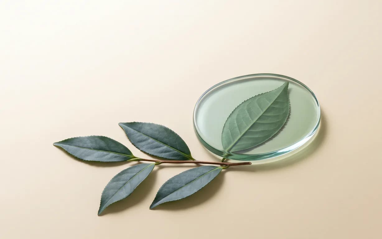 Pressed, pointed Camellia sinensis leaves partially magnified by a translucent jade glass lens on a warm oat surface.