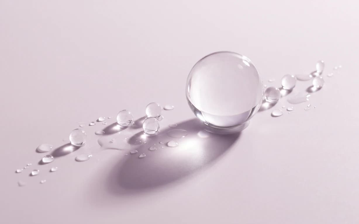 Clear hydrogel spheres and droplets on a pale lilac background.