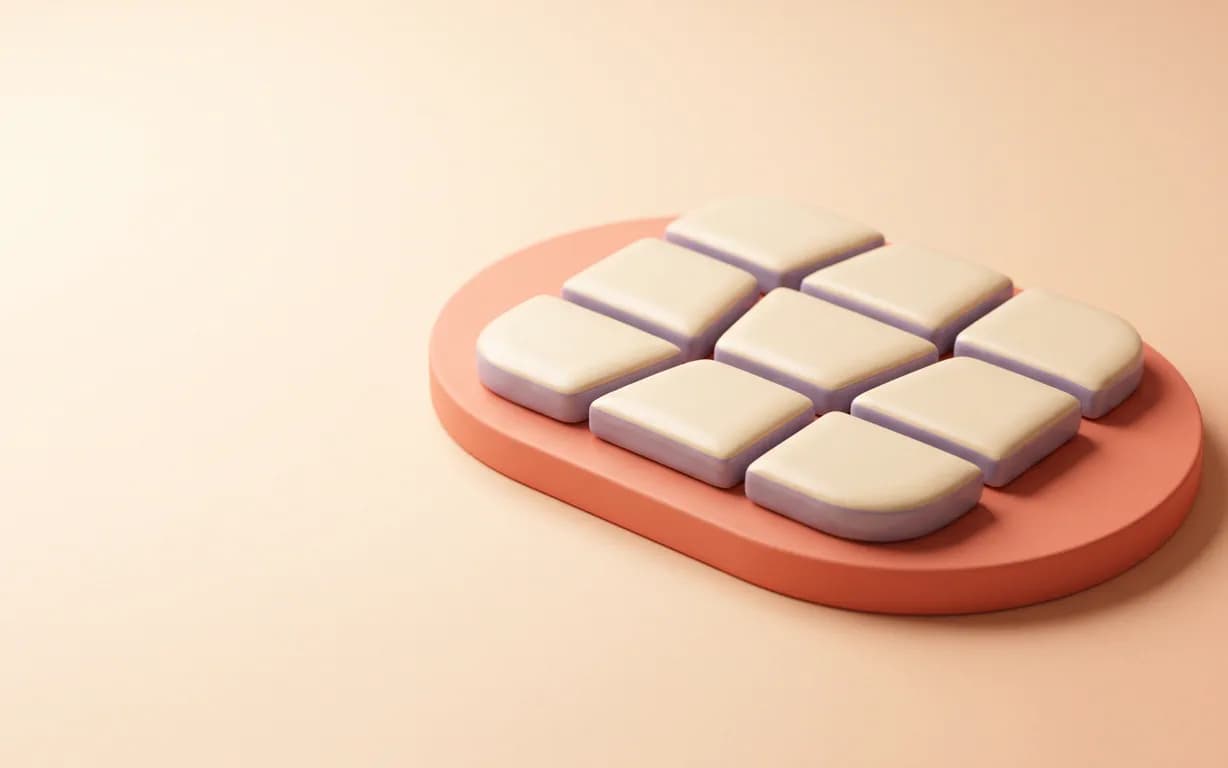 Nine rounded ivory ceramic tiles with lilac edges form a staggered mosaic on a coral plinth.