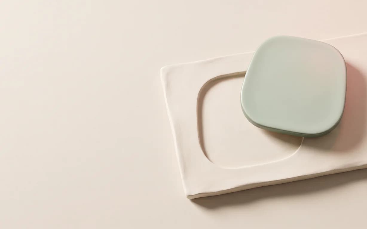 A single matte celadon ceramic piece lifted beside its matching recess in an ivory clay slab on a warm oat surface.