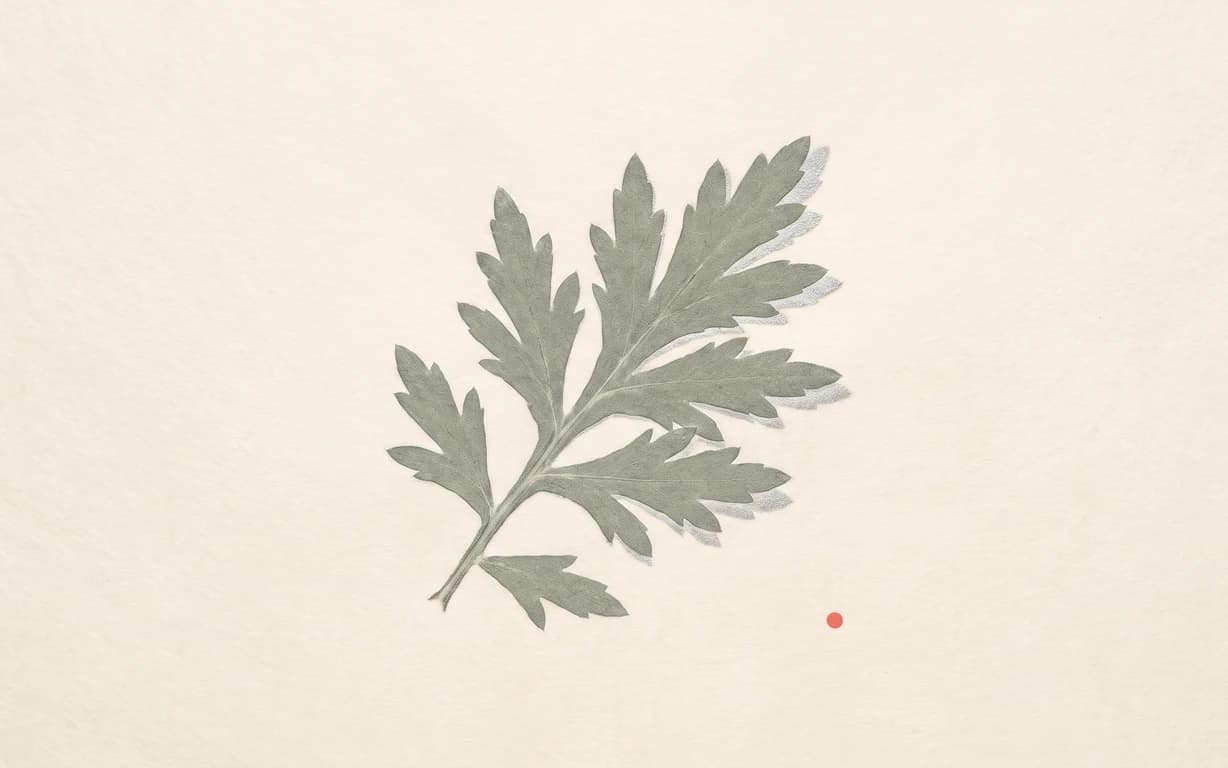 A muted sage-and-silver mugwort-leaf pressure print lies flush in warm-ivory hanji beside a tiny coral pinprick.