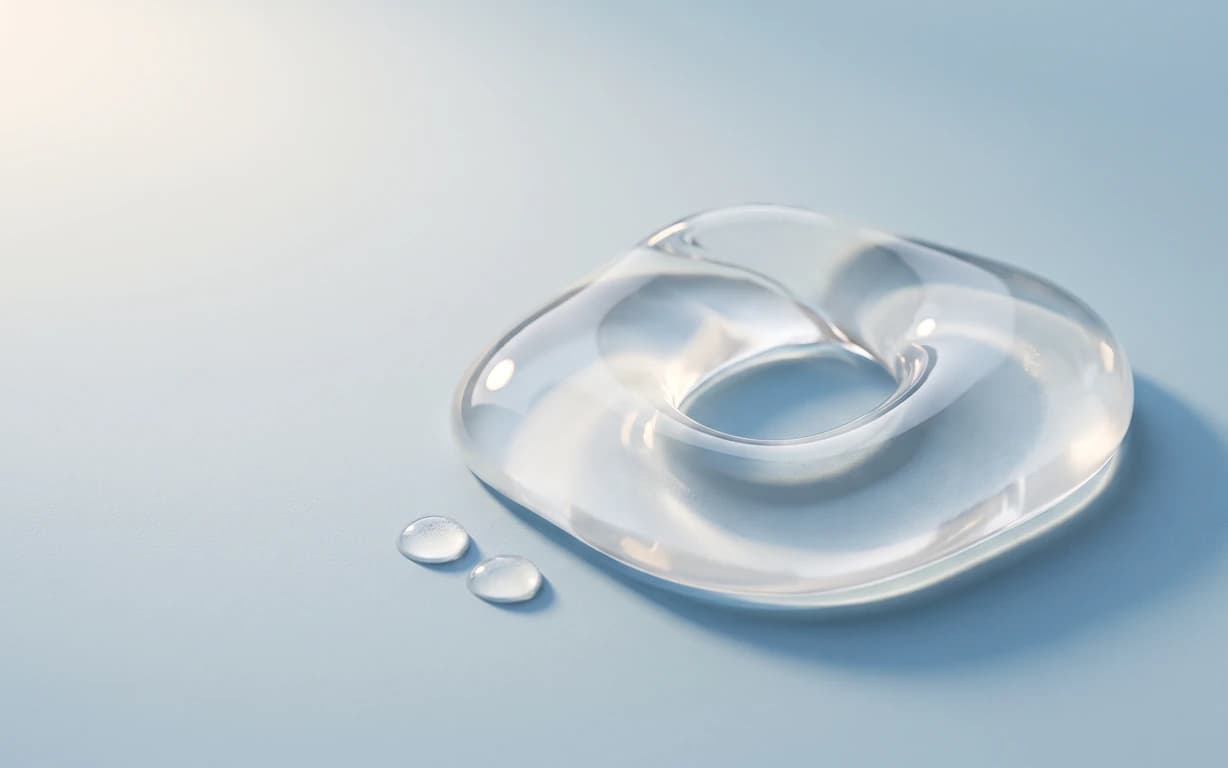 A glossy, translucent liquid ribbon folded into a soft loop on a powder-blue surface, representing panthenol.