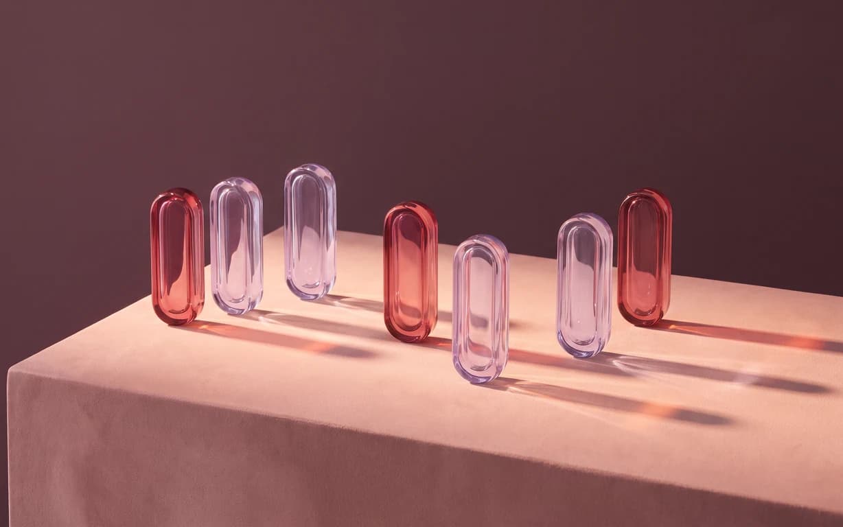 Seven rose and lilac glass lozenges form a loose sequence across a blush pedestal against a muted plum backdrop.