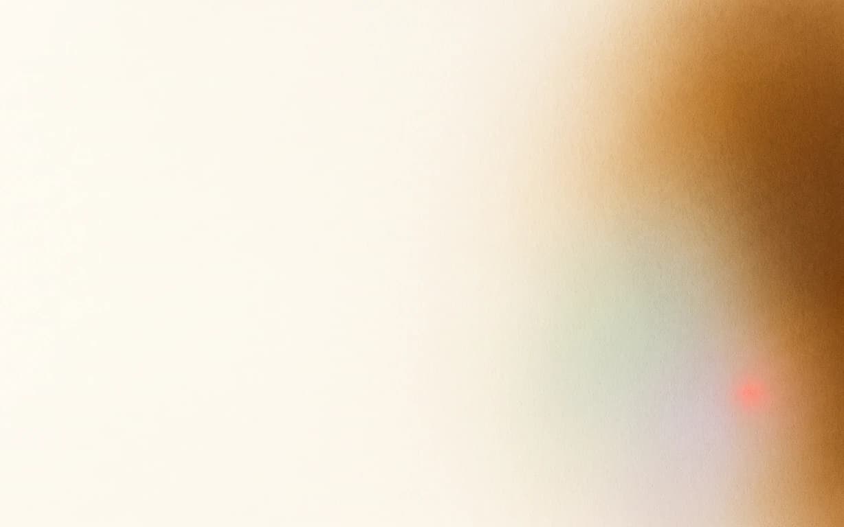 A flat smoky-amber color field with soft celadon, lavender and coral notes is absorbed into a warm ivory matte surface.
