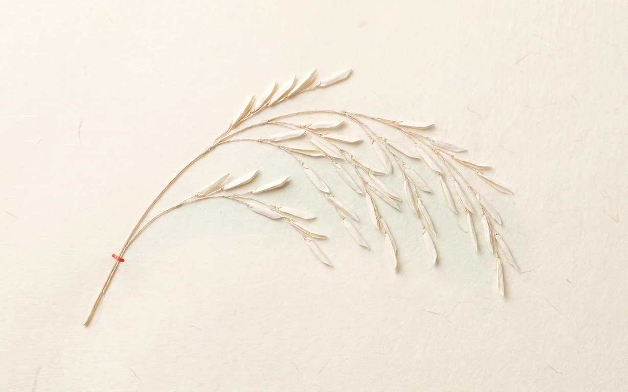 An ivory paper-thread rice panicle curves across warm hanji beside one tiny coral tack stitch.