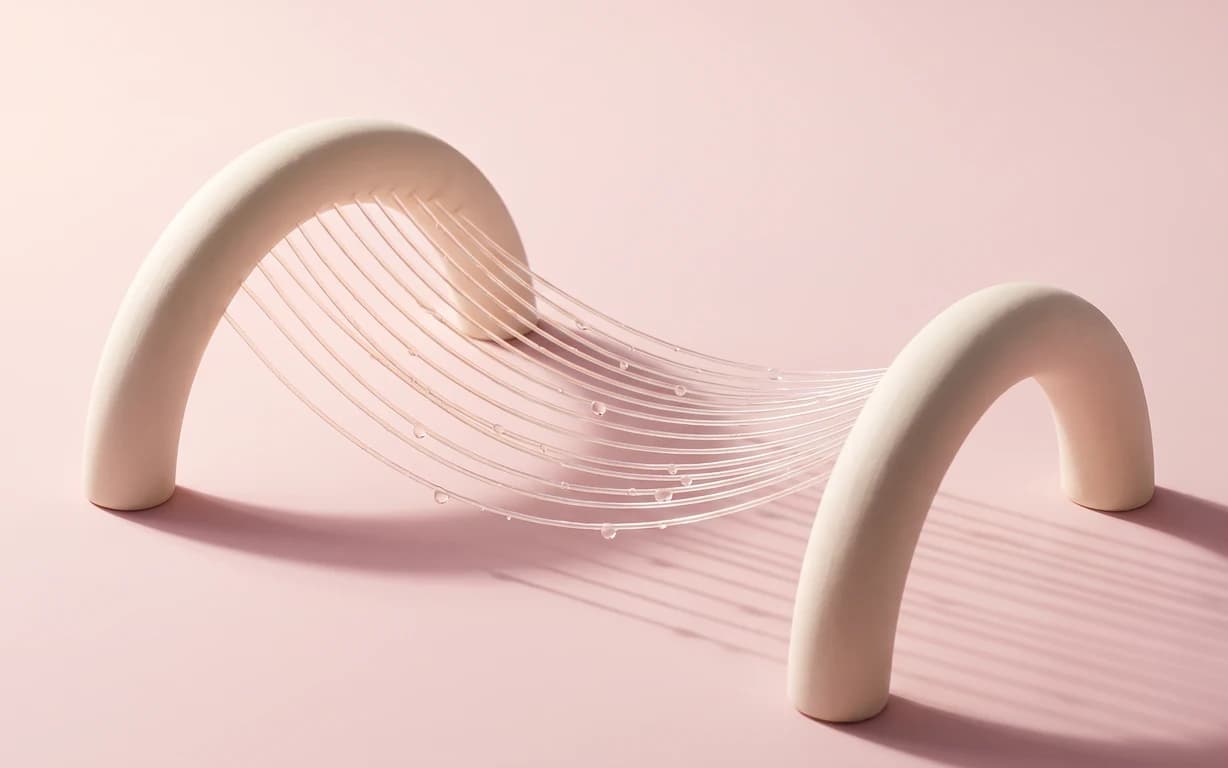 Pearlescent snail-mucin-inspired filaments suspended between two ivory ceramic arches on a powder-blush background.