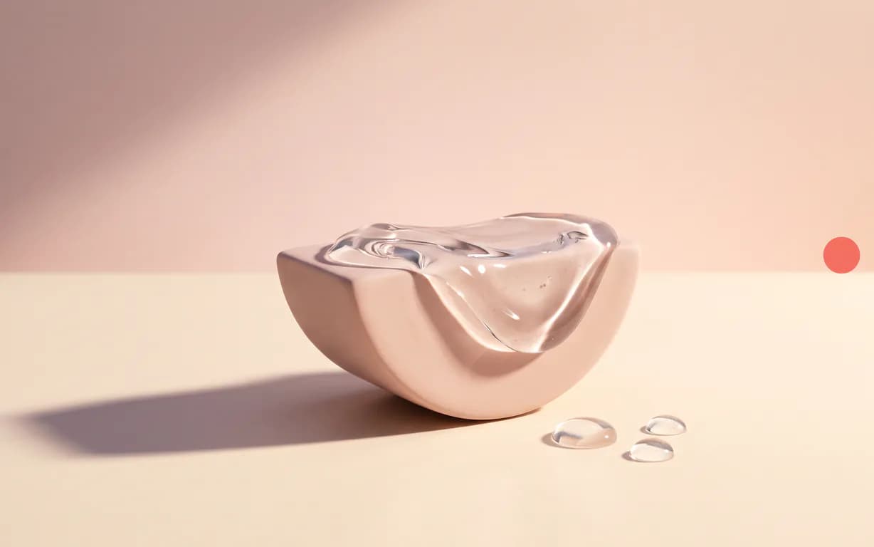Clear squalane oil flowing over a blush ceramic crescent on an ivory surface