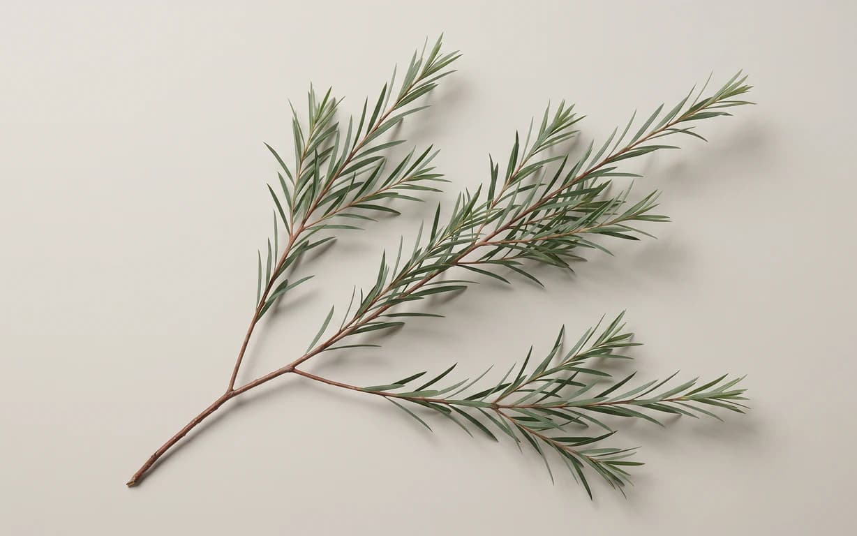 Fresh Melaleuca alternifolia tea tree branchlets with narrow gray-green leaves on a warm stone background.