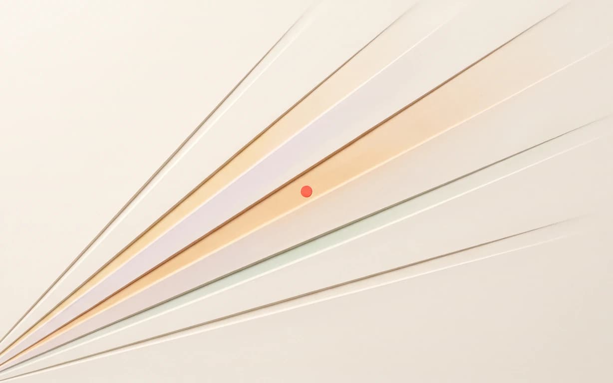 Seven dry amber, apricot, lavender and celadon relief rays spread diagonally across one warm-ivory matte plaster surface beside a tiny coral point.