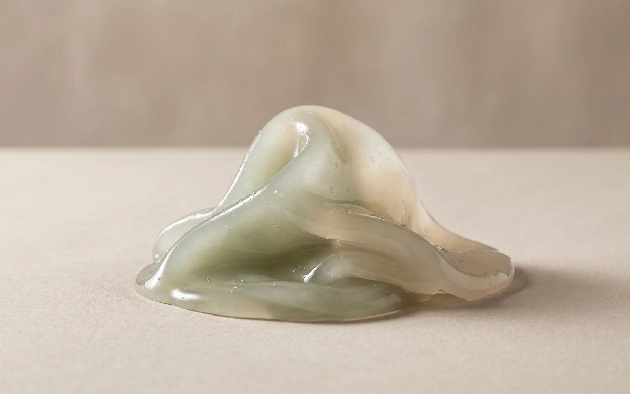 A pale sage-green translucent gel sculpture with soft folded peaks and tiny droplets, resting on a warm ivory studio surface against a muted beige backdrop.