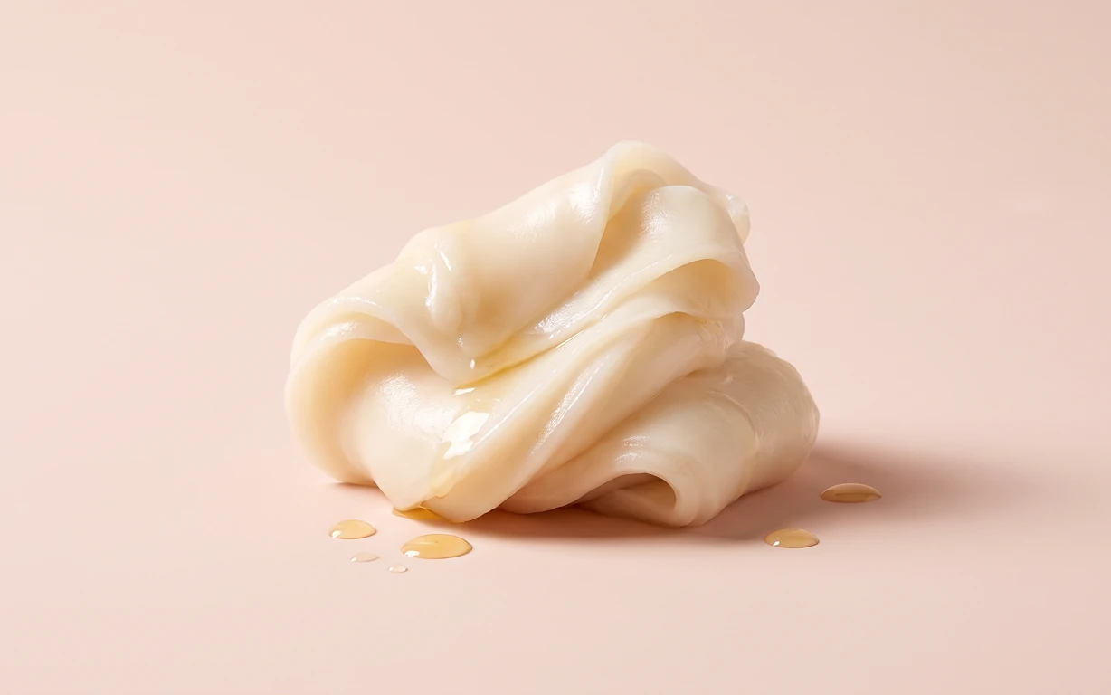 Glossy ivory folds with small golden droplets on a soft peach seamless surface, lit from the upper left with a gentle shadow.