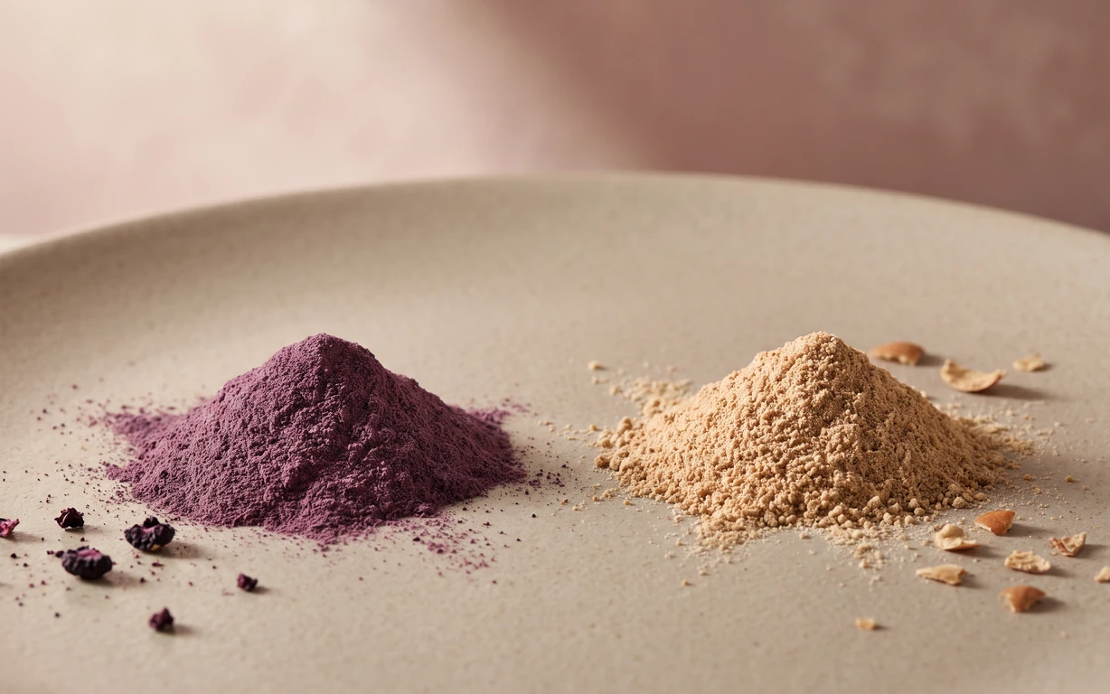Two small mounds of finely ground powder, one muted blackberry-purple and one warm almond-beige, rest on a softly lit neutral surface with scattered dark berry crumbs and almond-pe