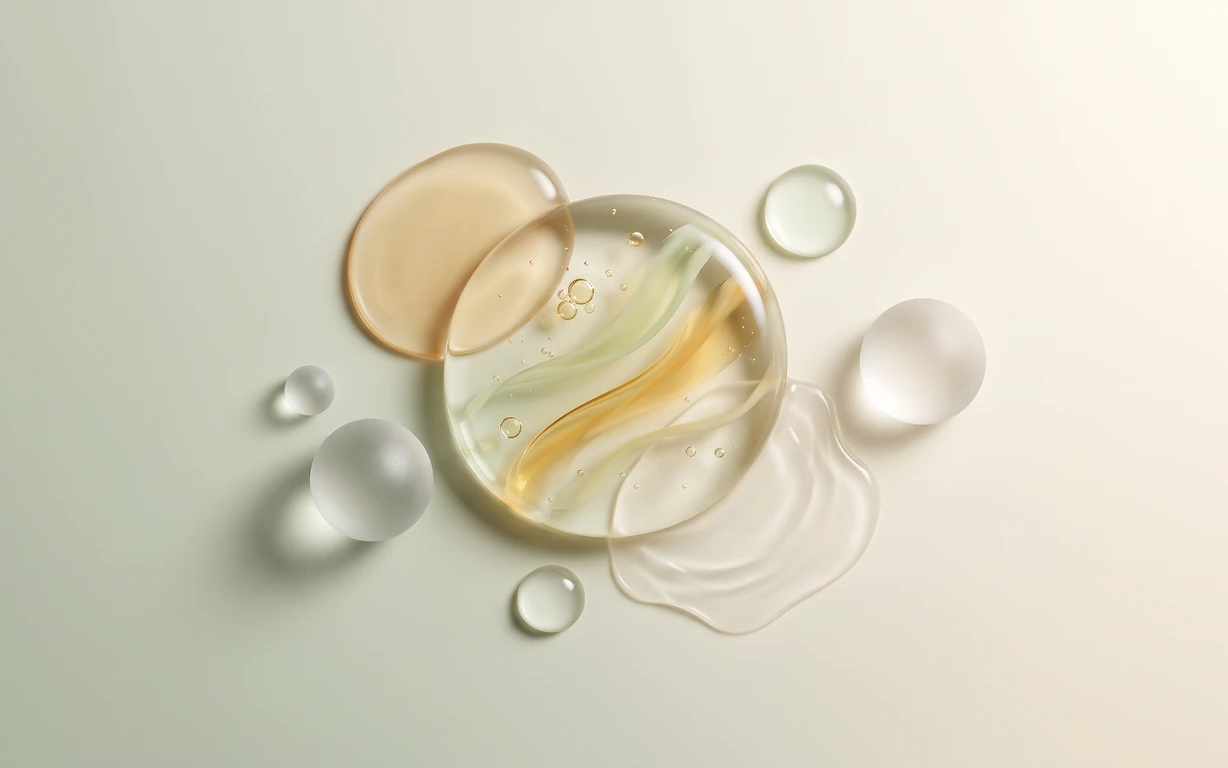 Translucent amber, pale green, and clear gel forms arranged around a round glass-like disc with suspended flowing ribbons, on a softly lit sage-and-ivory surface.