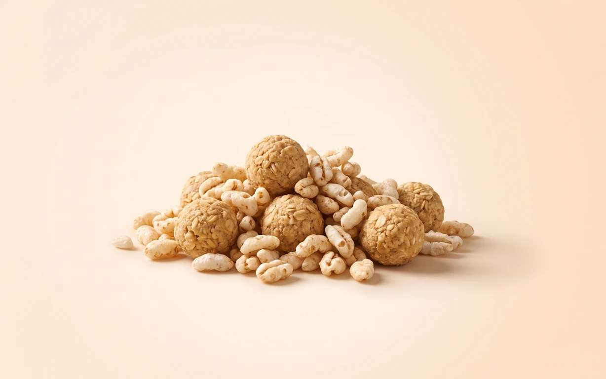 Golden oat balls with visible rolled-oat texture arranged among pale puffed brown rice on a warm ivory seamless surface.