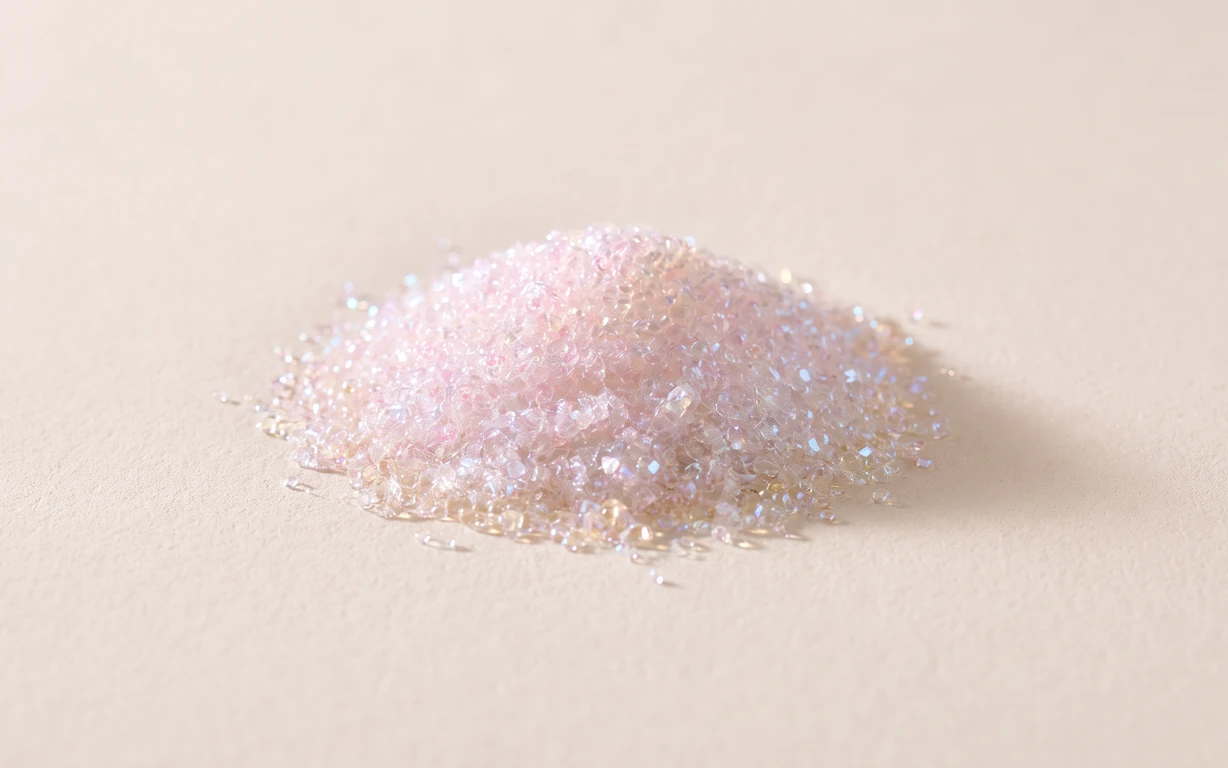 A softly lit mound of translucent, pink-iridescent crystalline granules on a warm ivory surface.