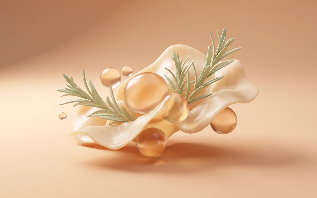 Editorial still life of pale ivory translucent folds, amber-toned droplets and rosemary sprigs arranged on a warm peach seamless surface with soft shadows.