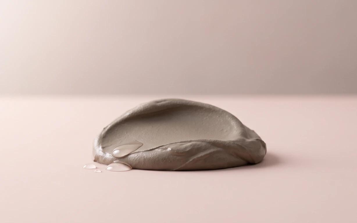 A smooth mound of gray-brown mud with a few clear droplets, resting on a pale blush surface against a softly shaded neutral backdrop.