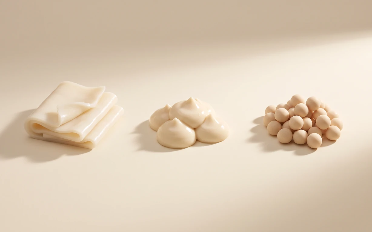 Three ivory abstract material studies—a stack of glossy folded sheets, a group of soft cream-like dollops, and a cluster of rounded beads—arranged on a warm cream seamless surface.