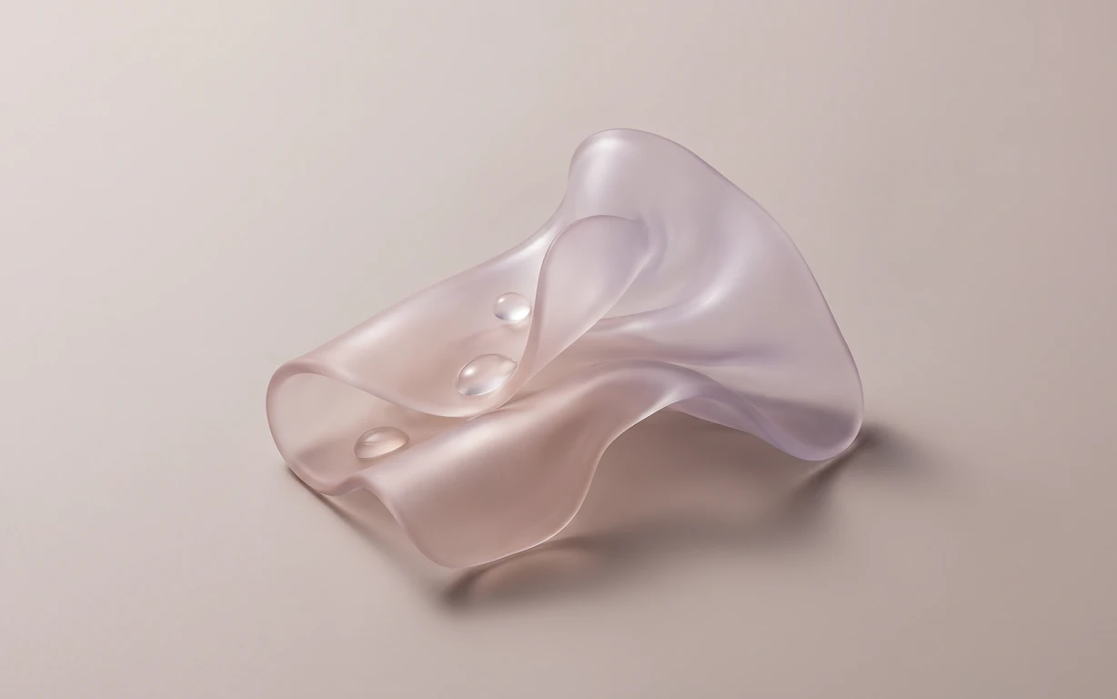 A translucent blush-lilac abstract sheet curls into soft folds with three clear droplets on a warm ivory seamless surface.
