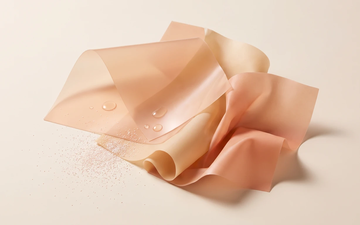 Abstract still life of layered peach and cream translucent folds with clear droplets and scattered fine granules on a warm ivory background.