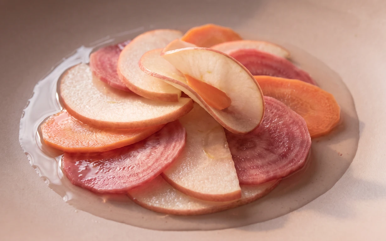 Thin slices of red apple, orange carrot and deep pink beet arranged in a shallow pool on a warm blush surface.