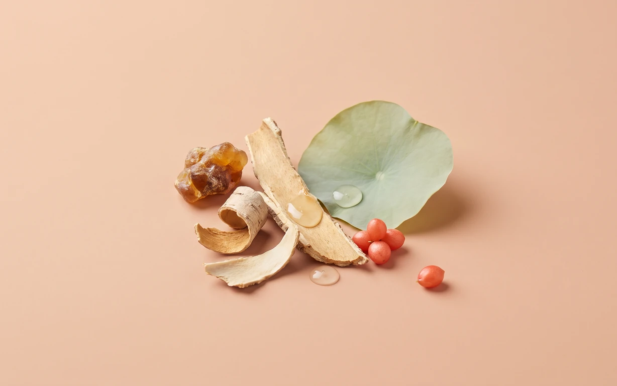 Editorial still life of amber resin, pale curled bark, a round sage-green leaf with droplets, and coral-red berries on a warm peach backdrop.