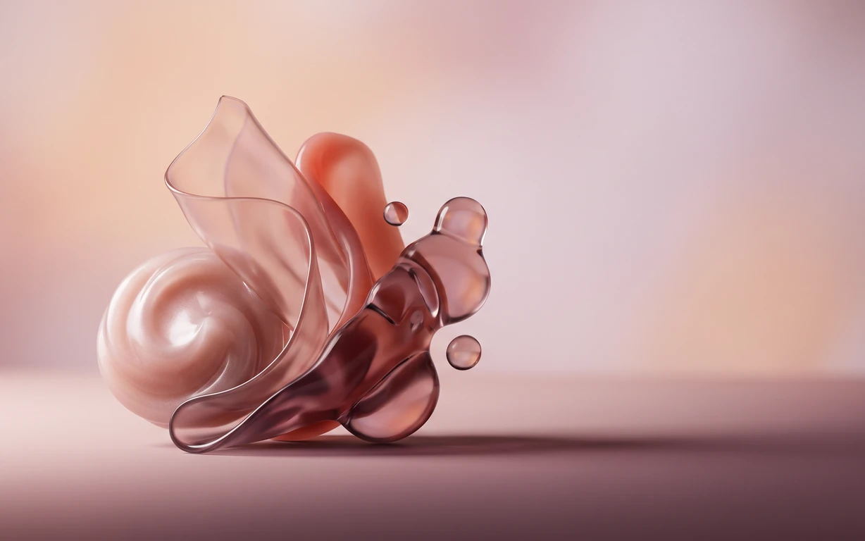 Abstract still life of translucent blush and muted plum folds, rounded forms and suspended droplets on a softly lit pink surface.