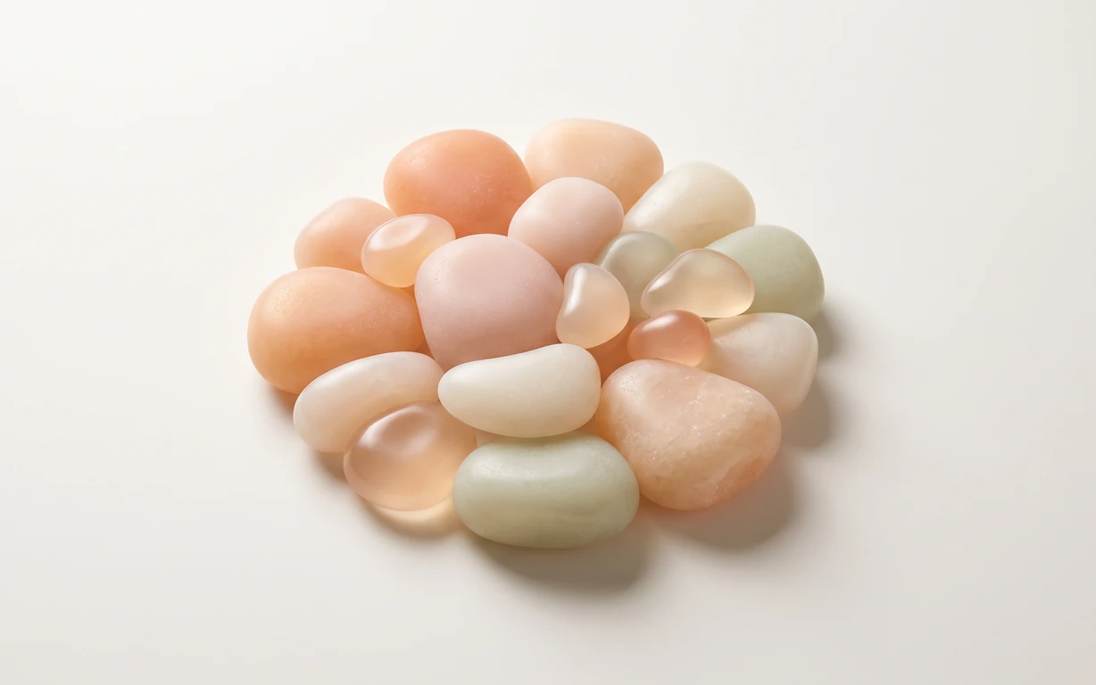 A clustered arrangement of smooth, rounded abstract forms in peach, blush, ivory, and pale sage on a warm off-white surface, softly lit with gentle shadows.